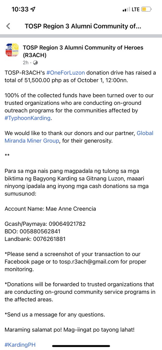 CoachMiranda's tweet photo. Total of 51,500 na po ang nalilikom ng #oneforluzon #kardingph

Salamat Ka-Miranda sa inyo!  Malaking bahagi ng nalikom na yan ay galing sa inyong lahat . Makakatulong ito sa pagbangon ng apektado ni Karding
Please see details on how to help using the bank details of our partners https://t.co/cYBqwq2BVd