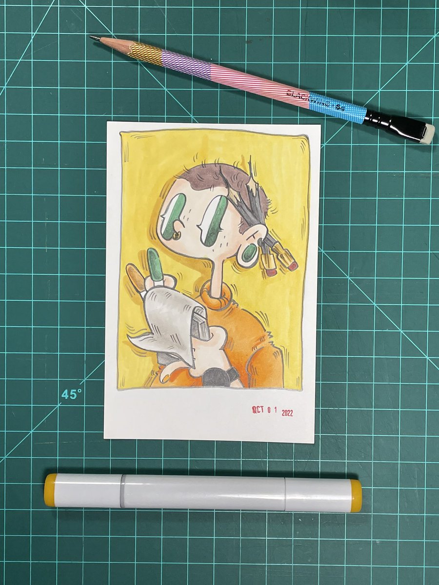 FauxYellow's tweet photo. I wanna do something autobiographical for #Drawtober2022 so here I am day 1 with a #selfportrait 
#copicmarker @Blackwing https://t.co/5jcZgqPAiq