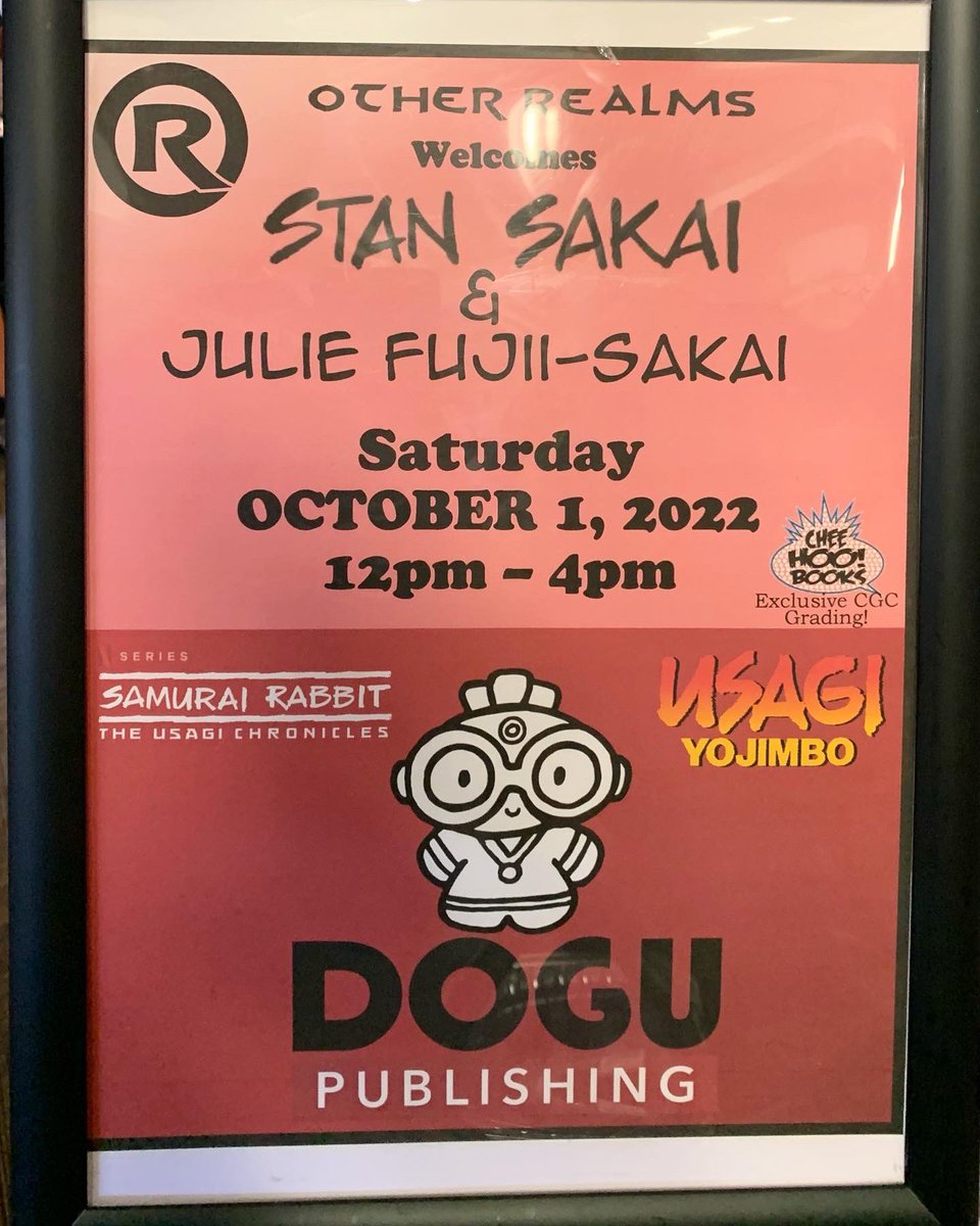 jonjmurakami's tweet photo. Great to see @stansakai Julie &amp; Emi at @OtherRealmsLtd •I drew a variant comic based on Albedo #2 - the first appearance of Usagi Yojimbo, but now including Chibi Usagi by Julie •I wanted to congratulate them on winning the Eisner award for their book, and all their success! https://t.co/D87v9C4LGI