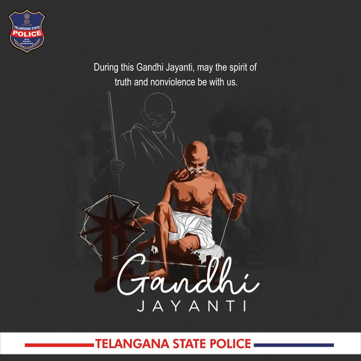 TelanganaDGP's tweet photo. My best wishes to you on this day, which marks the importance of non-violence in our lives.
#TelanganaPolice #HappyGandhiJayanti #GandhiJayanti https://t.co/tPUaJkeNDc