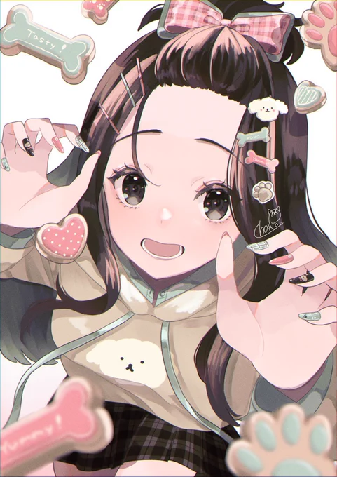 タグ企画 #自創作女子イラストフェス01 に参加します最近はゆるふわロング×犬×食べ物モチーフで女の子を描くことが多いです 