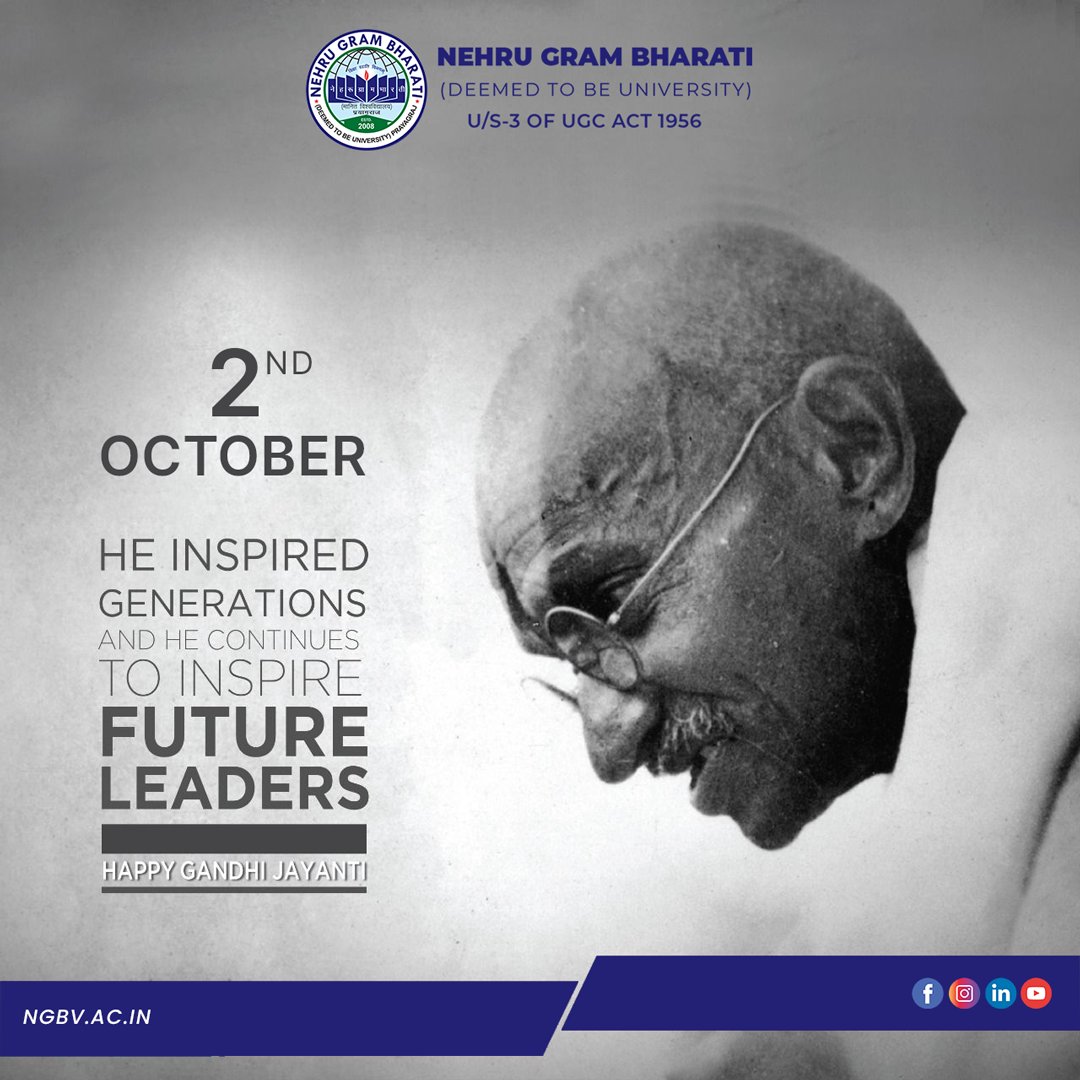 NehruGram's tweet photo. Humble tributes to the Mahatma &amp; warm greetings to the world on #GandhiJayanti May his life continue to guide us forever.

#NehruGramBharatiUniversity #University #Education #MahatmaGandhi #Bapu #BapuTeachings https://t.co/UlmEyyIUjm