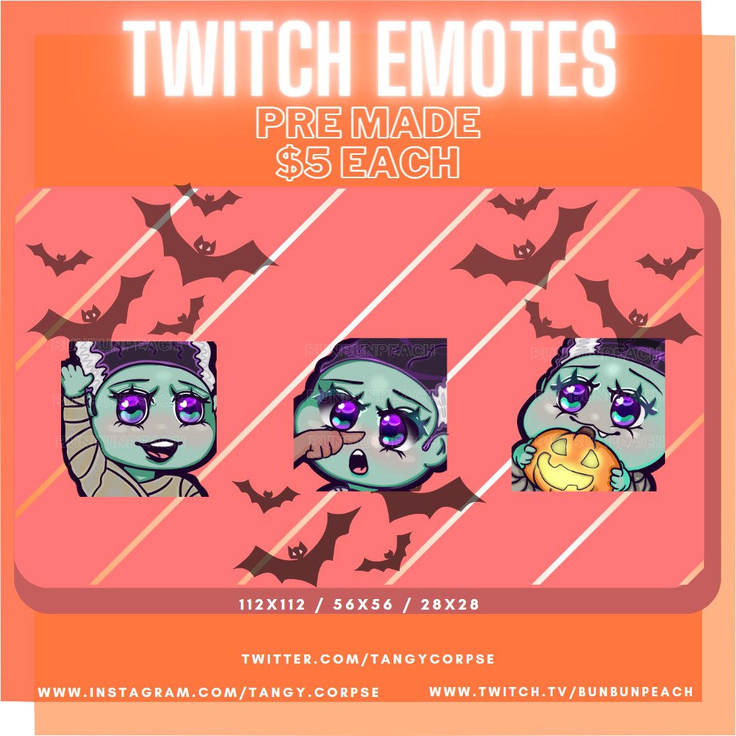 TangyCorpse's tweet photo. Spooky lil lady
🍑Premade: $15 for the pack
🍑Art by: @TangyCorpse
🍑Likes, comment are appreciated!
🍑Feel free to DM me if you want to book commission. #emote #twitchemote #twitchaffiliate #emotetwitch #emoteartist #chibiemote #emotechibi #bunbunpeach
#TheBrideofFrankenstein https://t.co/ThOeoFIRYB