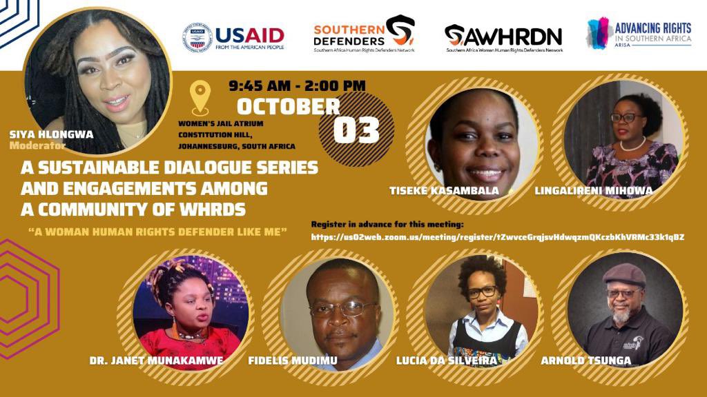 SAWHRDN's tweet photo. Join us tomorrow for the 2nd sustainable dialogue in a series of engagements among a community of WHRDs titled,
“A Woman Human Rights Defender Like Me”
🗓 Mon, 3 Oct 2022
🕙 10am to 1pm SAST
📫 Constitution Hill
🔗 https://t.co/O3MN2MTZPv
#standwitHER https://t.co/EVh7N2Q28k