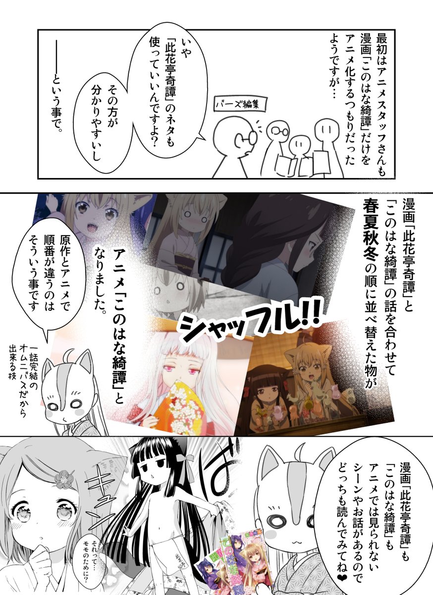 以前描いた #此花亭奇譚 と #このはな綺譚 についての説明まんががあるので、貼っておきますね 