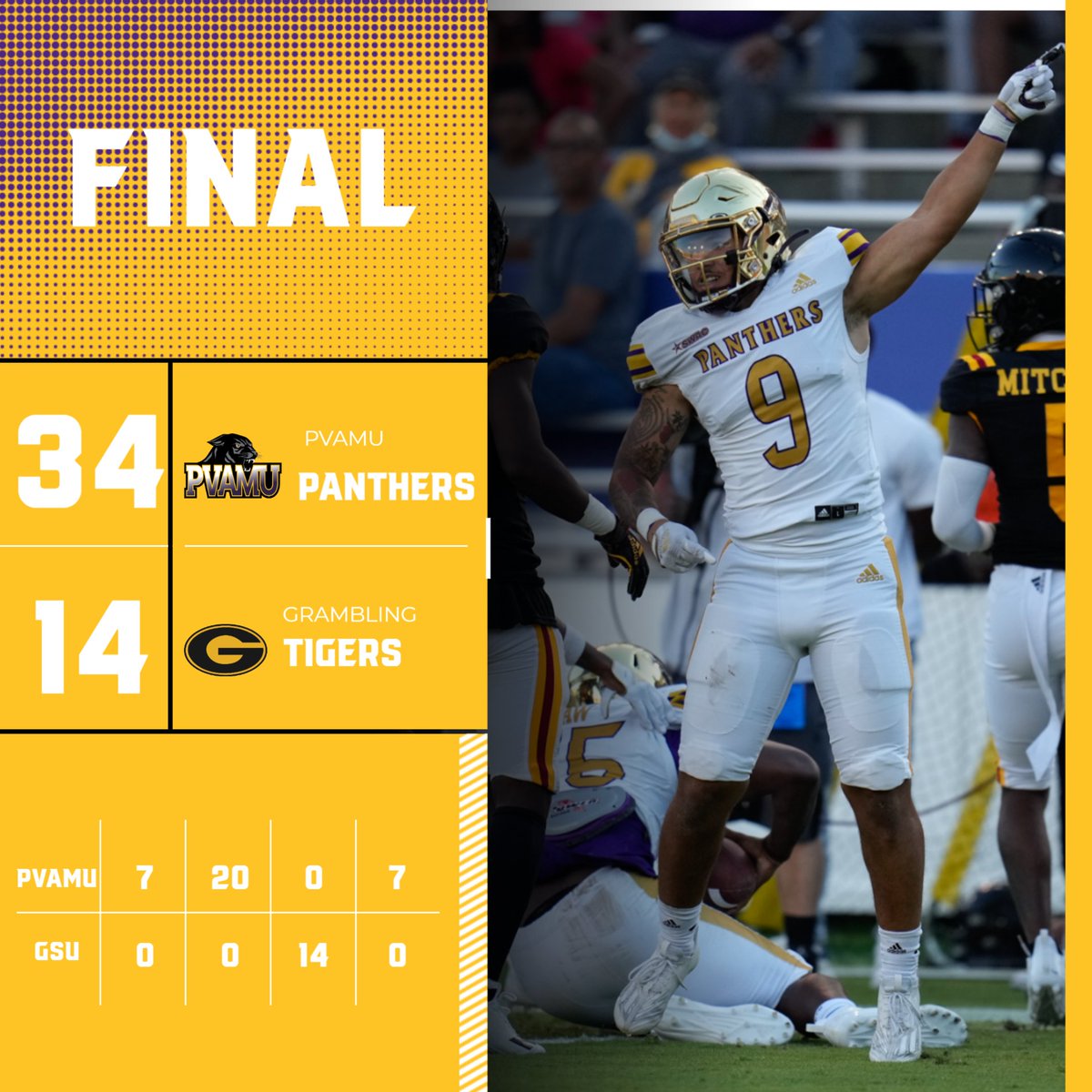 PVAMUPanthers's tweet photo. PVAMUFBALL:  Final as the Panthers take the win over Grambling State for the fifth consecutive win in the State Fair Classic.  Check PV out next week as they host the Jaguars of Southern University on the "Hill" for a 4 p.m. kick off on Saturday, Oct. 8. https://t.co/WqUmBJh6Yo