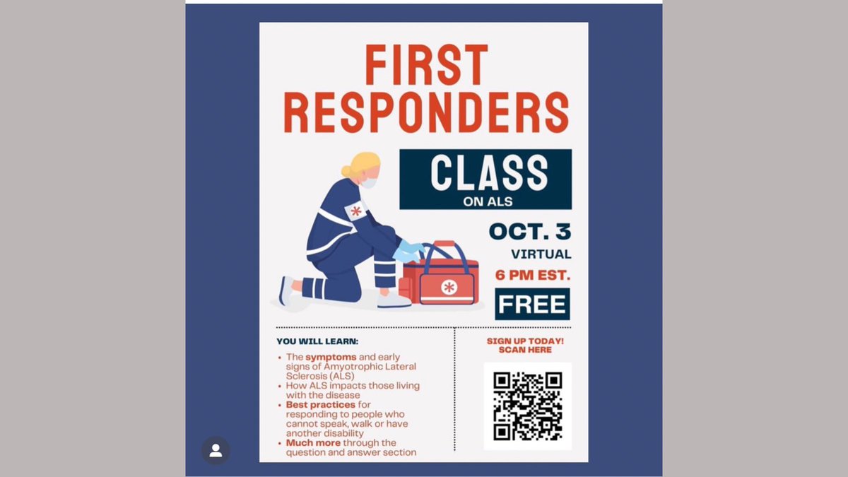 LorrisPodcast's tweet photo. Where’s our first responders? Do you know what to do if you get called to help someone with ALS?   I’m participating on this free zoom panel this Monday at 6 pm EST that will answer your questions!  Hosted by @iamalsorg, simply scan below to register.  #FirstResponders #als https://t.co/RfE5m7ioHI