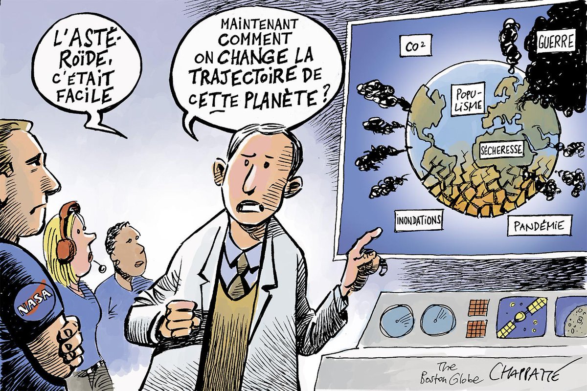 chappatte's tweet photo. La NASA dévie la trajectoire d'un astéroïde - © Chappatte dans The Boston Globe, USA > https://t.co/tu4VGrmDQy https://t.co/cQmCTSjLGk