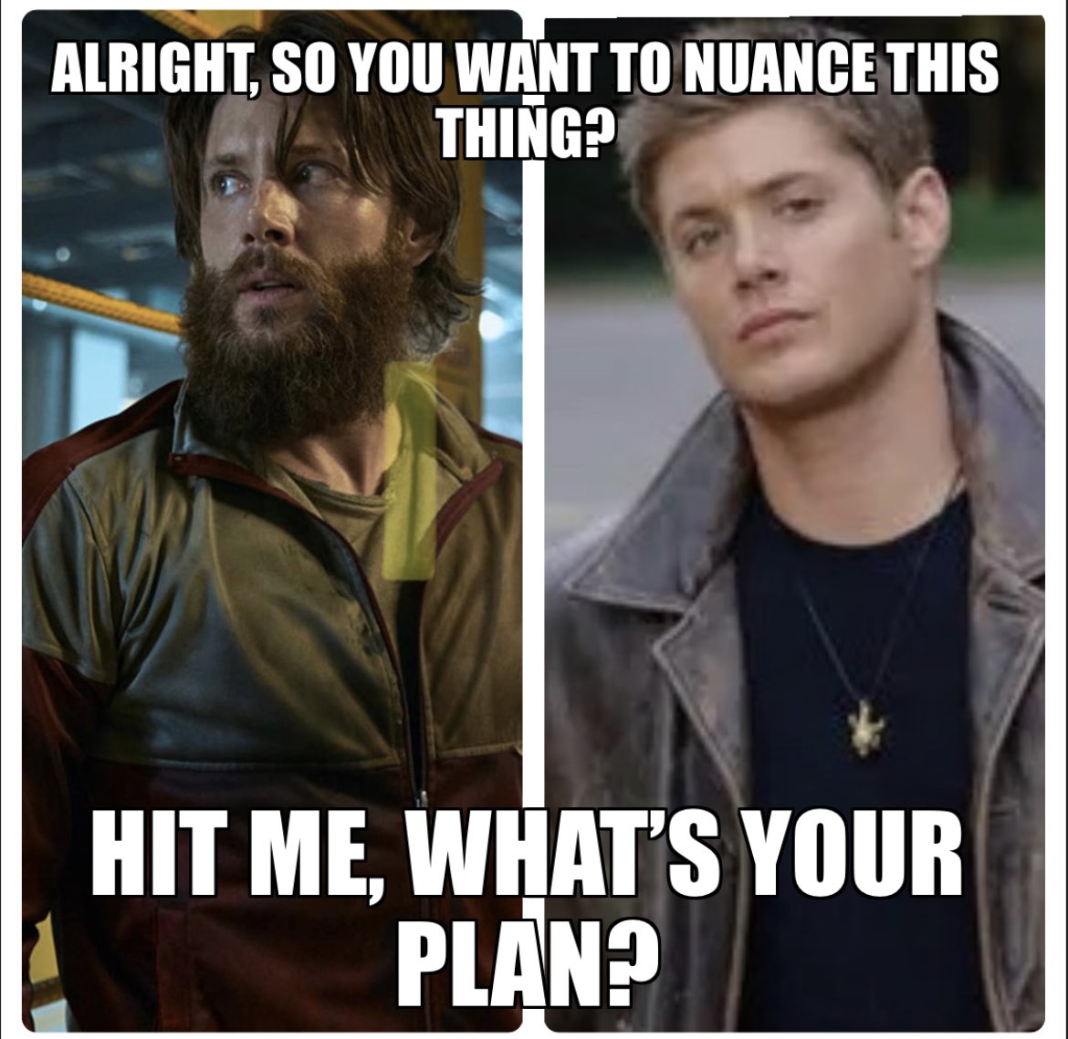 DeanOrSoldrBoy's tweet photo. Who said it, Dean Winchester or Soldier Boy? https://t.co/nxEyGFCTJG