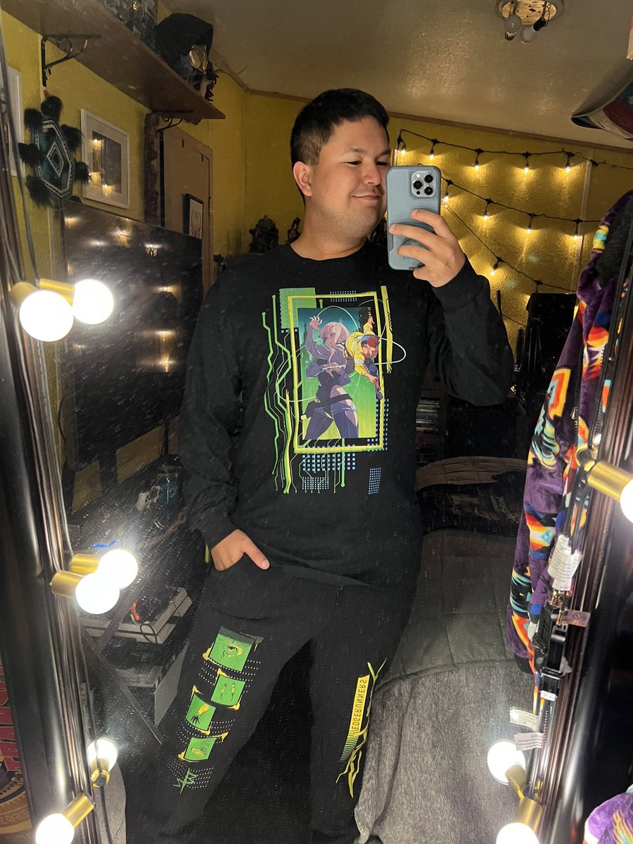SwanThane's tweet photo. All my @edgerunners inspired clothing arrived and I love them!!! https://t.co/vJb6N6Fj4V