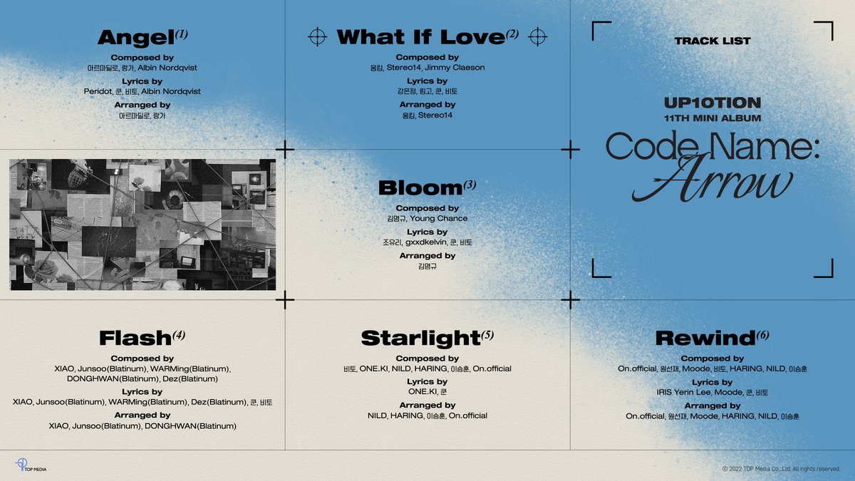 UP10TION's tweet photo. UP10TION 11th MINI ALBUM [Code Name: Arrow]

TRACKLIST

2022.10.12 RELEASE🏹 

#UP10TION #업텐션 #CodeNameArrow #WhatIfLove https://t.co/KW1ViD0WZX