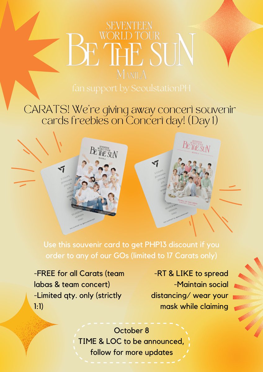 SeoulStationPH's tweet photo. Seventeen Be The Sun in Manila Fan Support 💙

CARATS! We'll be giving away concert souvenir card freebies on concert day (1)!

rt, and like this tweet to spread, see you! 🫶🏼

#BeTSinManila
#BETHESUNinMNL https://t.co/7JDqQjOqGD