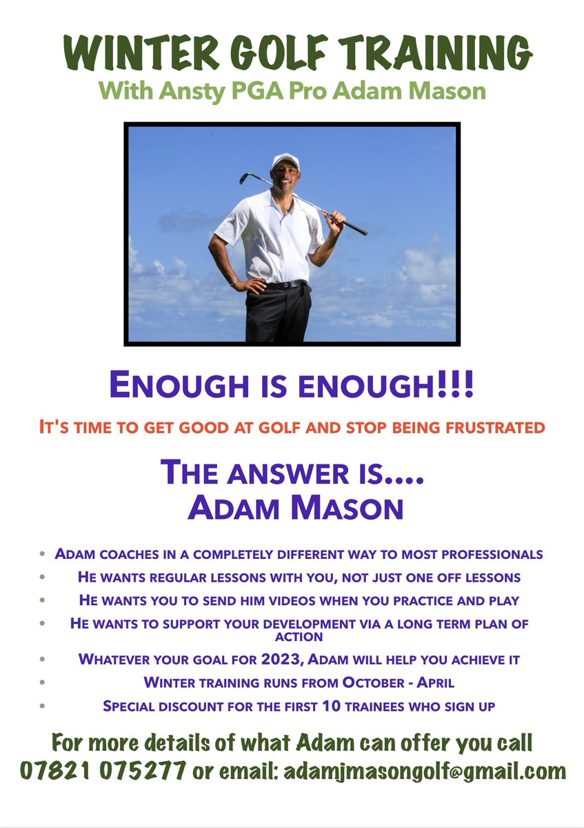AnstyGolfProAd's tweet photo. Winter Training 2023 is back, bigger and better than ever before.

Seriously improve your golf. Lower your scores. 
Gain in confidence and start to trust your game.

#anstygolfproadam #wintergolf #golfcoaching #golf https://t.co/06XHeOowrc