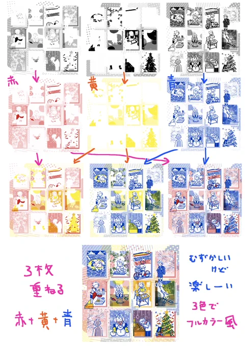赤青黄を重ねて描いてる 
