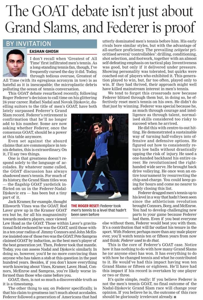 eashanghosh's tweet photo. In the @timesofindia this Sunday with a piece on Roger Federer’s place in the men’s tennis GOAT debate. https://t.co/UNXbs9WK4k