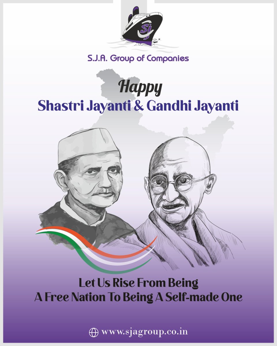sja_group's tweet photo. SJA Group of Companies honors the pride of our nation on their birth anniversary. Happy Gandhi Jayanti & Happy Shastri Jayanti!!
#sjagroup #sjalogistics #gandhijayanthi #shastrijayanti #logistics #supplychain #import #export #india https://t.co/7kPKlQvVCH