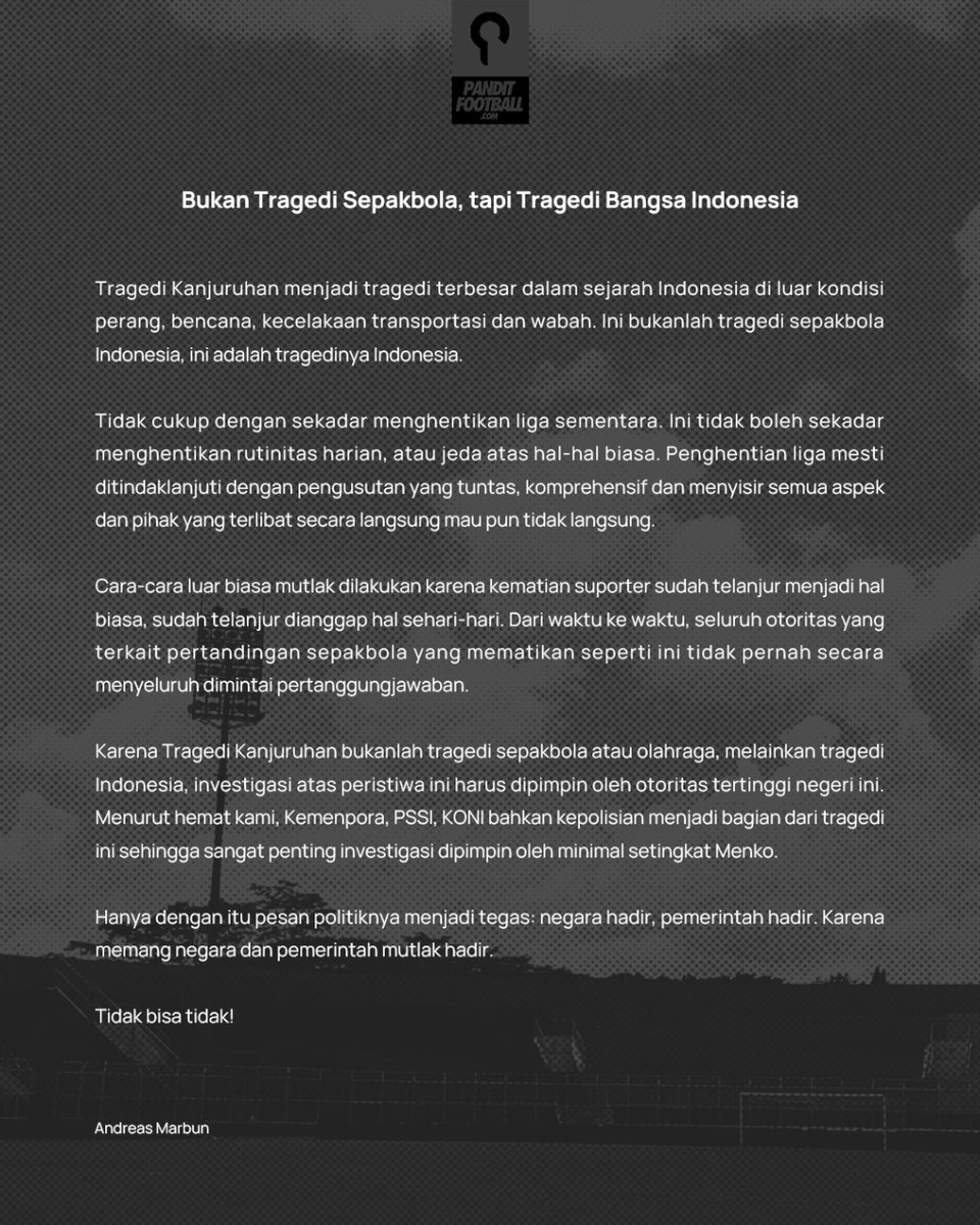 Bukan lagi tragedi sepakbola, melainkan tragedi bangsa Indonesia.

<a href="/andreasmarbun/">andreas marbun</a>