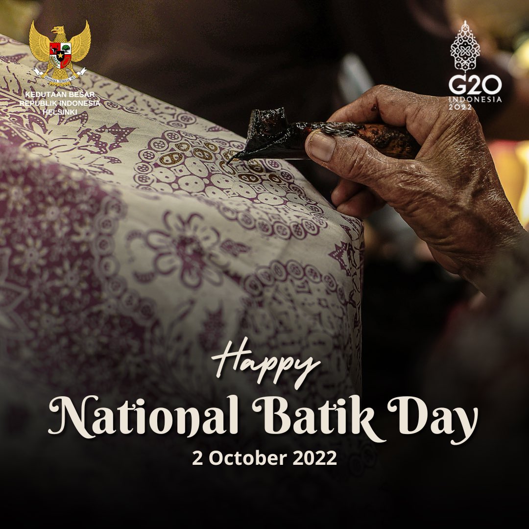 INAinHelsinki's tweet photo. Since 2 October 2009, Batik has been internationally recognized as an historical craft of human civilization when it was added to UNESCO’s Intangible Cultural Heritage of Humanity list. 

Happy National Batik Day! 

#haribatiknasional #unescoich
#inidiplomasi @Kemlu_RI https://t.co/2sVsM77FsM