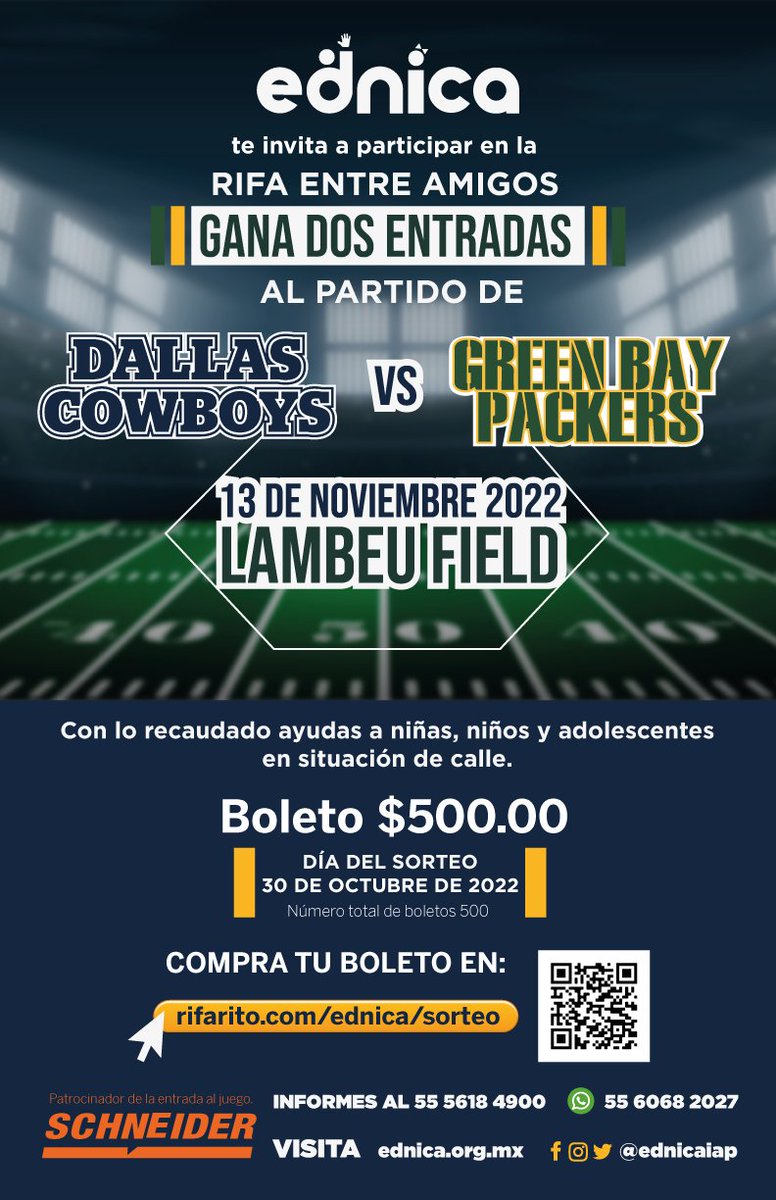 ¡Llegó el momento!😱
Gana dos entradas al partido de #Dallas vs #GreenBay en el estadio Lambeau Field en Wisconsin. 🏟🏈
Con lo recaudado apoyas a niñas, niños y jóvenes en #situacióndecalle🤝💙 #ednica te invita a la #RifaEntreAmigos 🎫 go.rifarito.com/ednica/sorteo 
#NFL #NFLMX