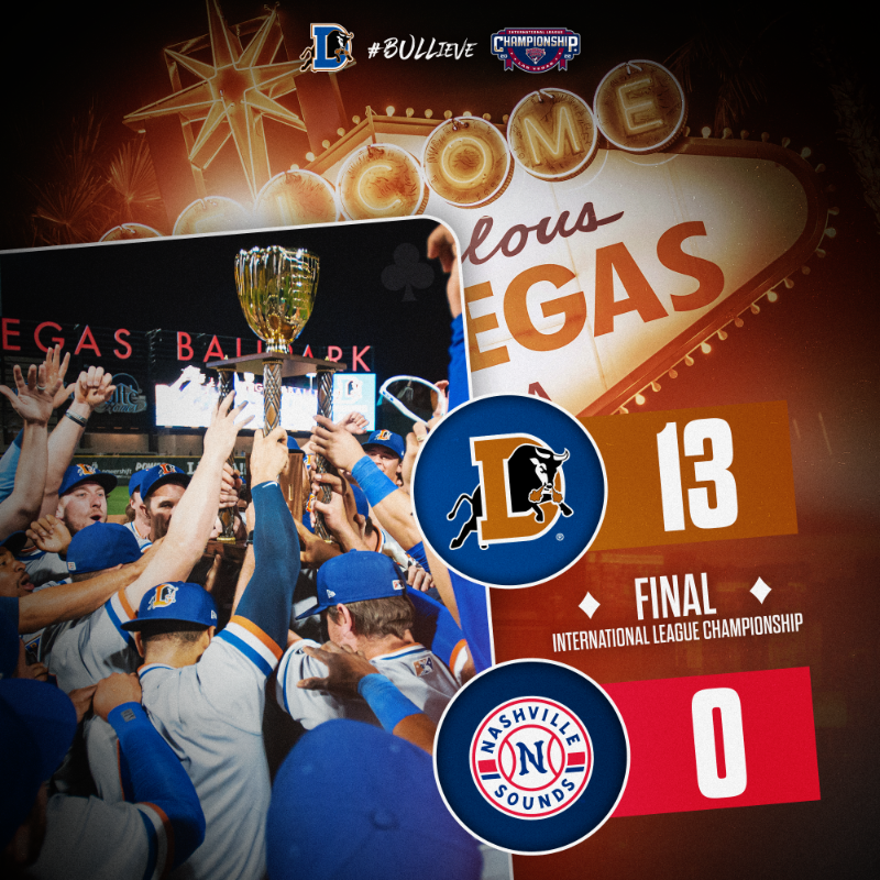 DurhamBulls's tweet photo. The Durham Bulls won their 8th league title at the Triple-A level (and 2nd in a row) by silencing the Sounds with a 13-0 victory in Vegas!

1 last job: facing the Reno Aces for the Triple-A National Championship tomorrow

#BULLieve