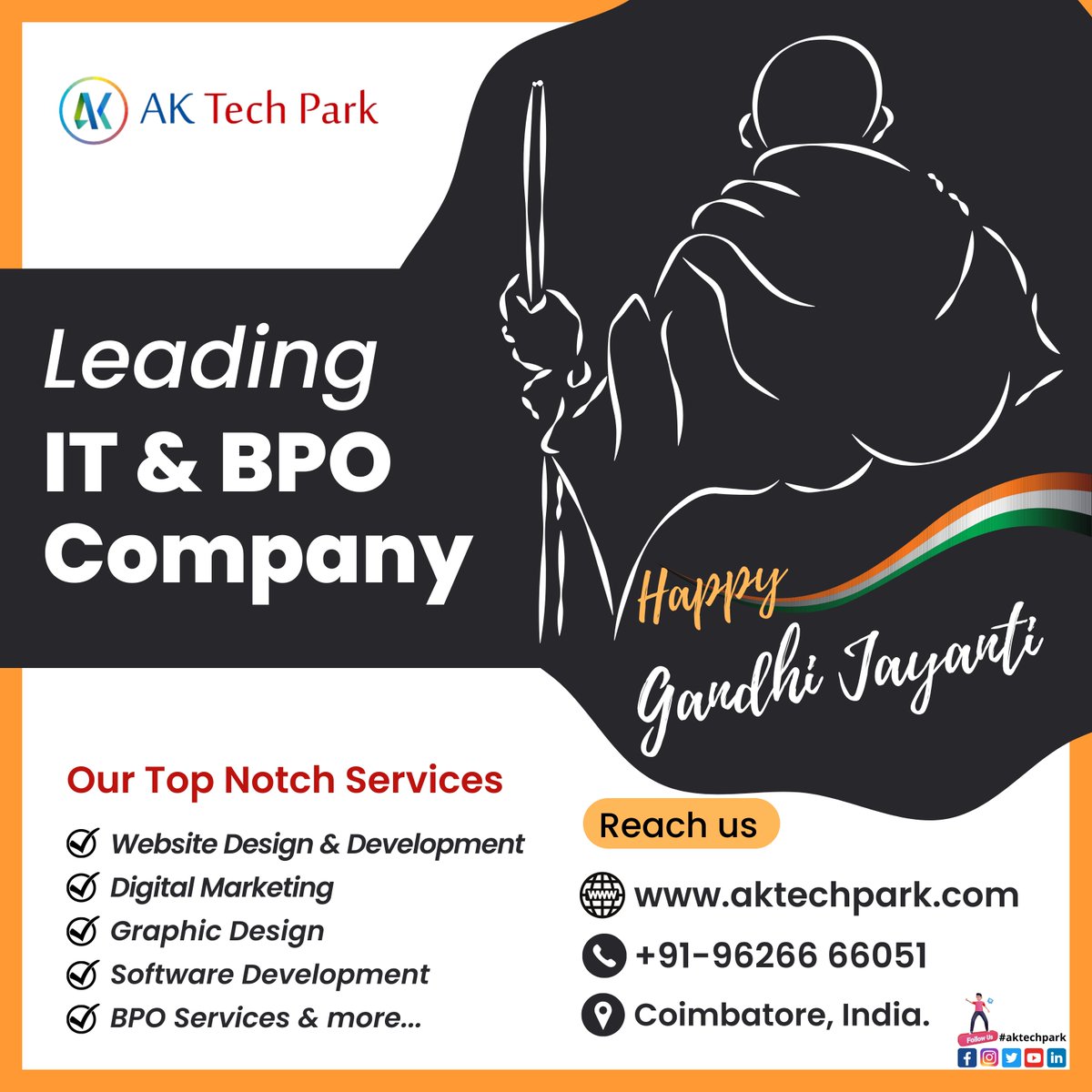 aktechpark's tweet photo. Happy Gandhi Jayanti

Leading IT &amp; BPO Company in Coimbatore

Website: https://t.co/pq5AP8YvGn
Phone Number: +91-96266 66051

#aktechpark #Coimbatore #GandhiJayanti #India #WebsiteDesign #WebsiteDevelopment #DigitalMarketing #GraphicDesign #SoftwareDevelopment #bposervices https://t.co/TwFzHBvWXz