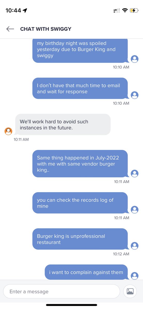 gaganabh's tweet photo. Yesterday night my birthday dinner was spoiled by @Swiggy and @BurgerKing and after such a pathetic experience they are saying they can’t refund my hard earned money. 
I will never ever again order from Swiggy app, will prefer @zomato @eatclub @eatsureofficial in future https://t.co/tLG3OMnkO9