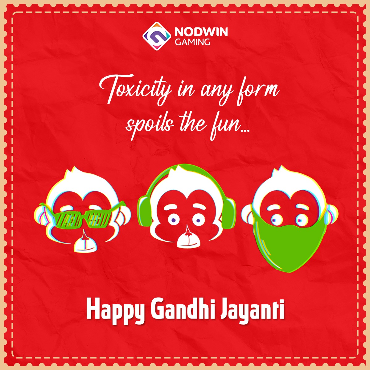 NodwinGaming's tweet photo. If the 3 wise monkeys had a 'Gamer Edition', this is how they will look like๐ Let's pledge to 'SAY NO TO TOXICITY' this #GandhiJayanti โจ
#HappyGandhiJayanti #SayNoToToxicity #3wisemonkeys #gameredition https://t.co/OoEpcWQgg5