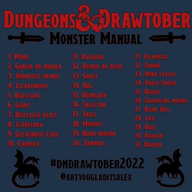 aedell_0's tweet photo. Found this prompt list by artyougladitsalex (on insta) and thought it would be a fun challenge to try. This is my first ever monthly art prompt I've ever done. Hope I can keep myself to it.

#dndrawtober2022 #Inktober #drawtober https://t.co/7TvkmXpF29
