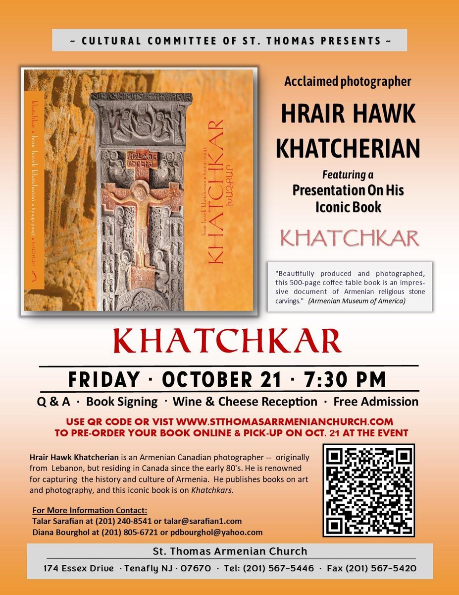 stthomasnj's tweet photo. #Cultural Committee of St. Thomas presents photographer #HrairKhatcherian featuring a presentation on his #book “#Khatchkar” Fri, Oct 21, @ 7:30pm at St. Thomas #Armenian Church, #Tenafly, NJ. Followed by Q&amp;A, book signing and a wine &amp; cheese reception. Free admission is free. https://t.co/0kLRWFpjU8