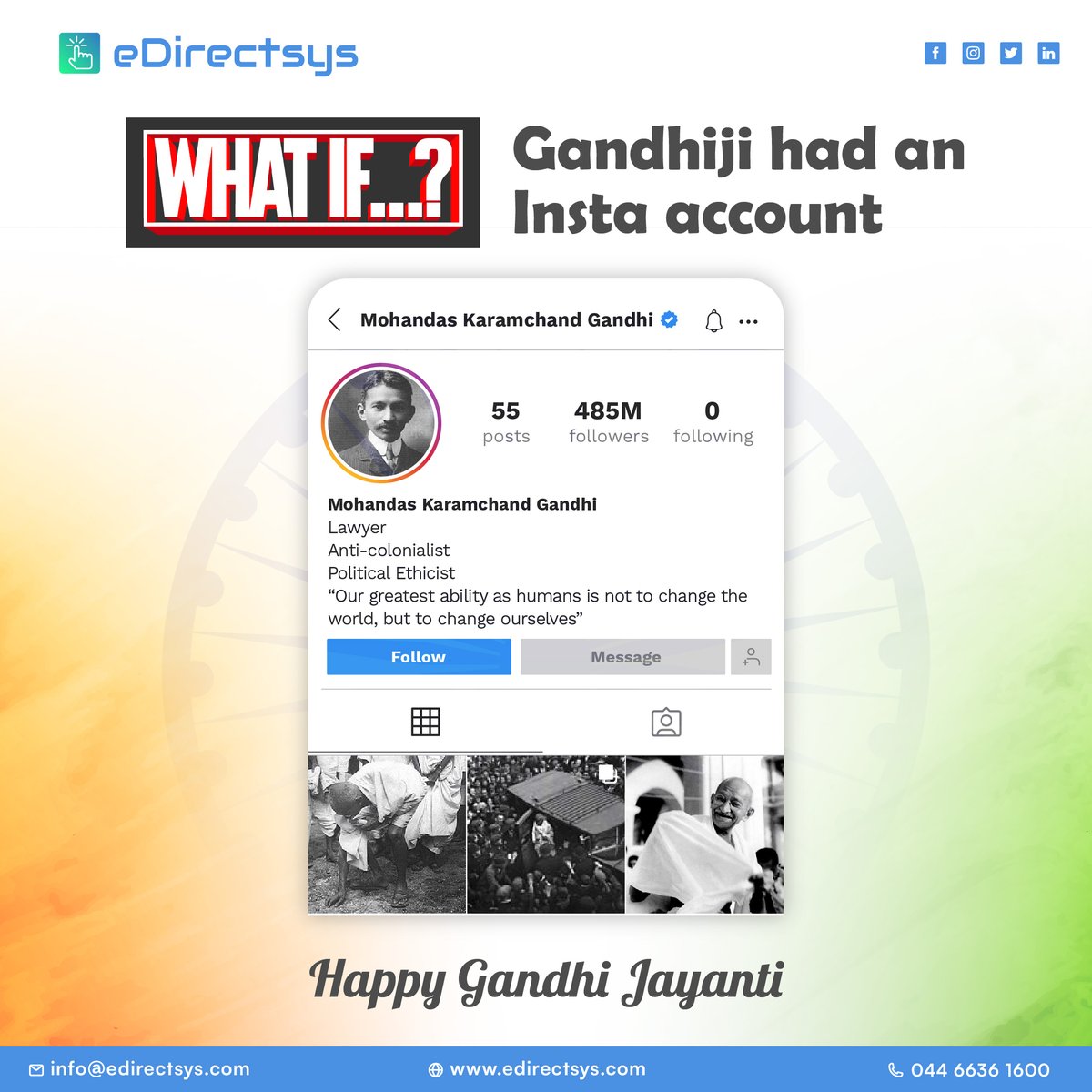 Happy Birthday to the greatest!!
Happy Gandhi Jayanthi

Let's promise that we will follow one of the thoughts of Gandhi Ji from today.

#gandhijayanthi #gandhijayanthi2022 #india #instagrammarketing #digitalmarketing #socialmediamarketing #facebookmarketing #youtubemarketing