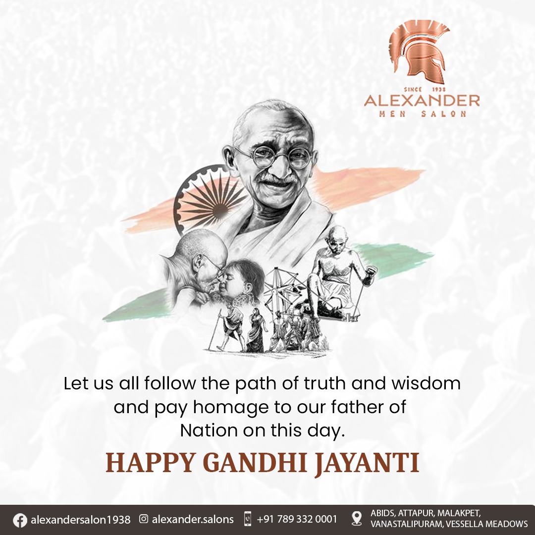 alex_salons1938's tweet photo. On the occasion of Gandhi Ji's birth anniversary, let us praise his unwavering spirit and show our respect.
#Gandhi #GandhiJayanti #baapuji #india
#AlexanderSalons #festivevibes #festiveoffers #bestoffers #grooming #mensstyling #getfestiveready #Hyderabad #Attapur #abids https://t.co/kkyNh3CsOq