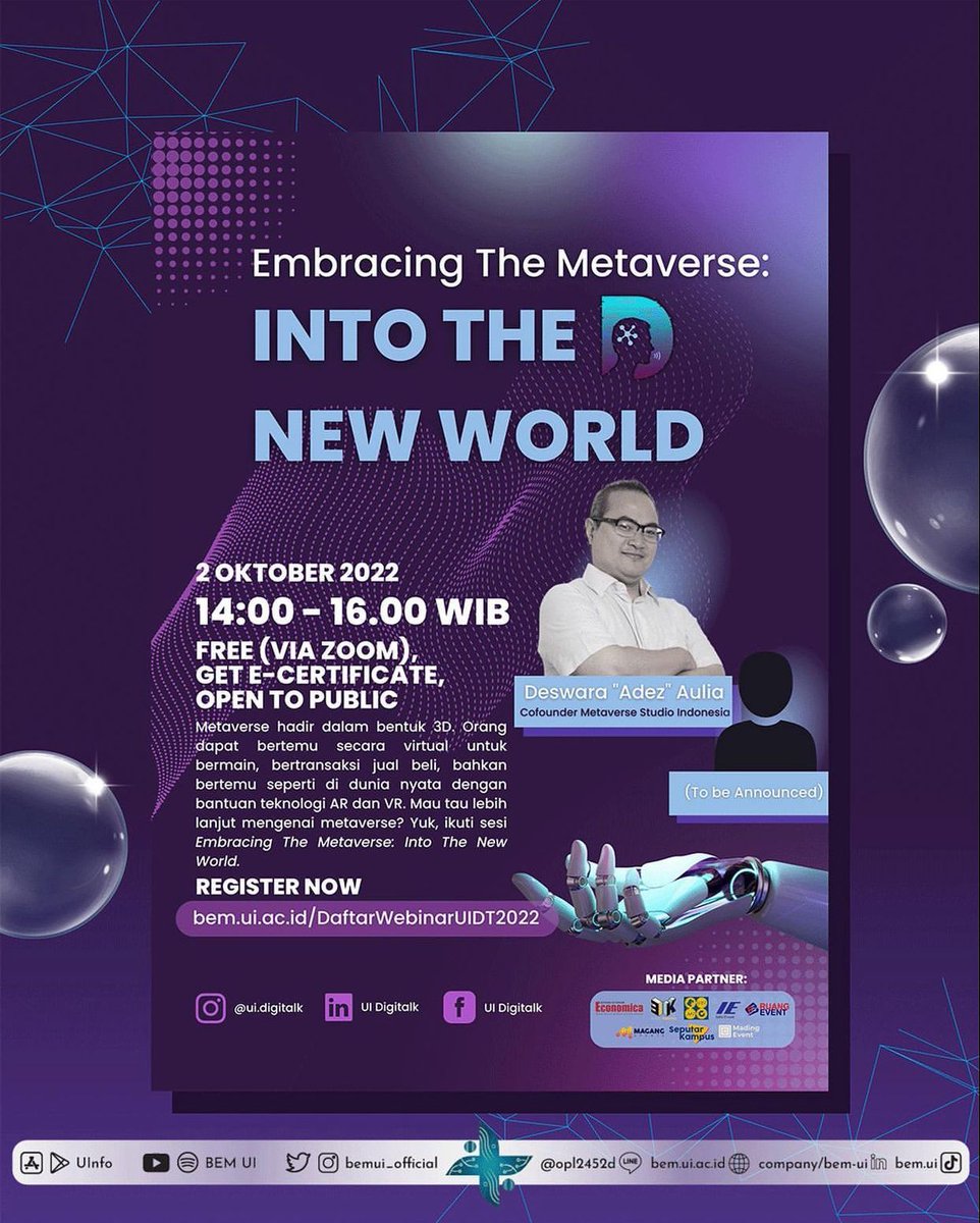 Free Webinar Mengenai METAVERSE dari BEM UI
Hari ini 2 Oktober jam 14:00 
Dapatkan sertifikat
Daftar klik > bem.ui.ac.id/DaftarWebinarU…