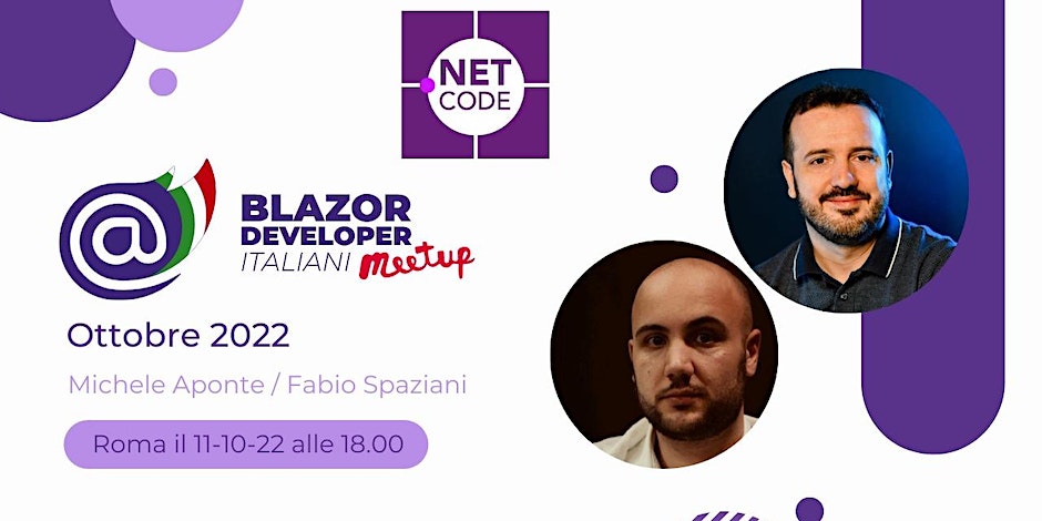 DotNetCodeIT's tweet photo. Community DotNetCode presenta Meetup: Blazor Meetup Tour Roma - Martedì 11 ottobre 2022 - Sede Microsoft Roma, Roma, RM. 
Meetup romano di Blazor Developers Italiani!
https://t.co/Oeik6gFUpC

#Blazor #Meetup #Tour #Roma #Microsoft #Community #DotNetCode https://t.co/dv6vSyFY2t