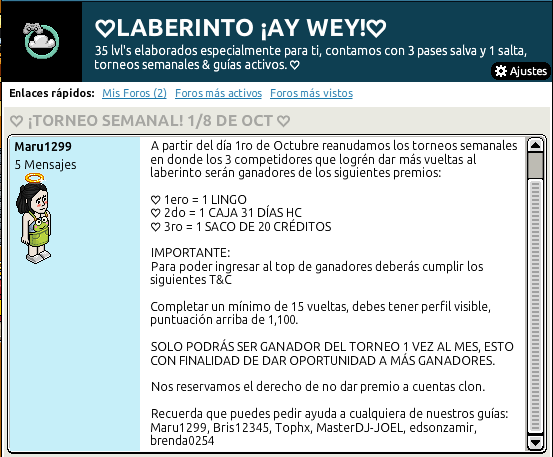 LaberintoAyWey's tweet photo. ¡TORNEO SEMANAL!🥳

A partir del 1ro de Octubre reanudamos los torneos semanales.

PREMIOS:
🥇 1 LINGO
🥈1 CAJA 31 DÍAS HC
🥉1 SACO DE 20 CRÉDITOS

Los invitamos a leer los T&amp;C para poder participar en el torneo. ¡MUCHA SUERTE A TODOS! 🥳

CENTRAL DE LAB [https://t.co/fkcnewSHi4] https://t.co/rcbxTvR7aT