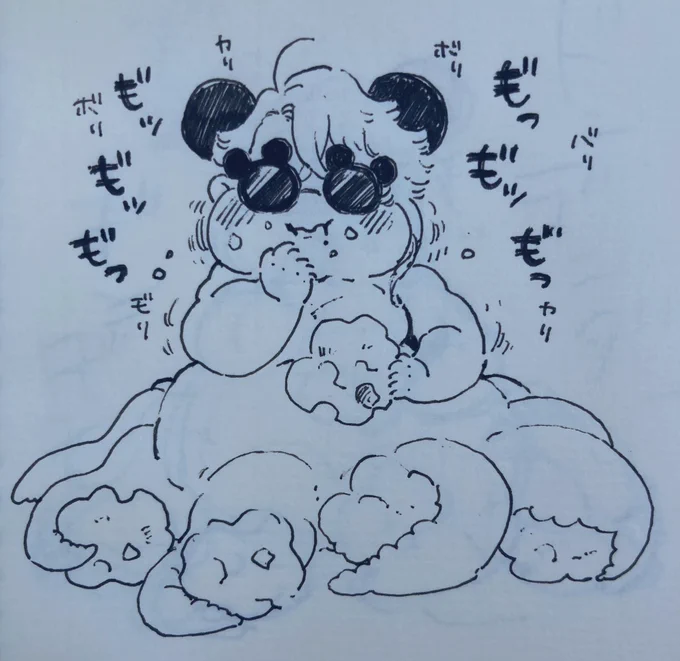 手下待機であと2時間以上あるのでででにを満喫するちぎょ氏描いた。持ってる謎の物体はポップコーンです🍿 