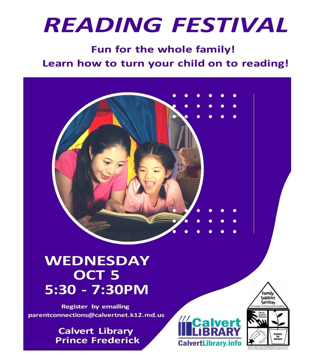 CCPS_Headstart's tweet image. Each student attending the Reading Festival will get a free book of their choice, a goodie bag, and a chance to win a bigger prize! Register by sending an email to parentconnections@calvertnet.k12.md.us to attend.