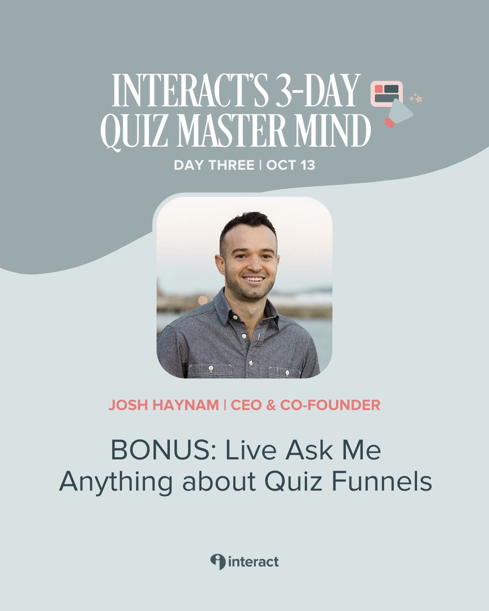 Want to build your email list? Consider QUIZZES for your lead magnet arsenal They’re a fun way to offer value to customers AND build your list with potential 74% conversions. Interact are hosting a Quiz Mastermind between Oct 11-13 FOR FREE! Sign up: get.tryinteract.com/quizmastermind