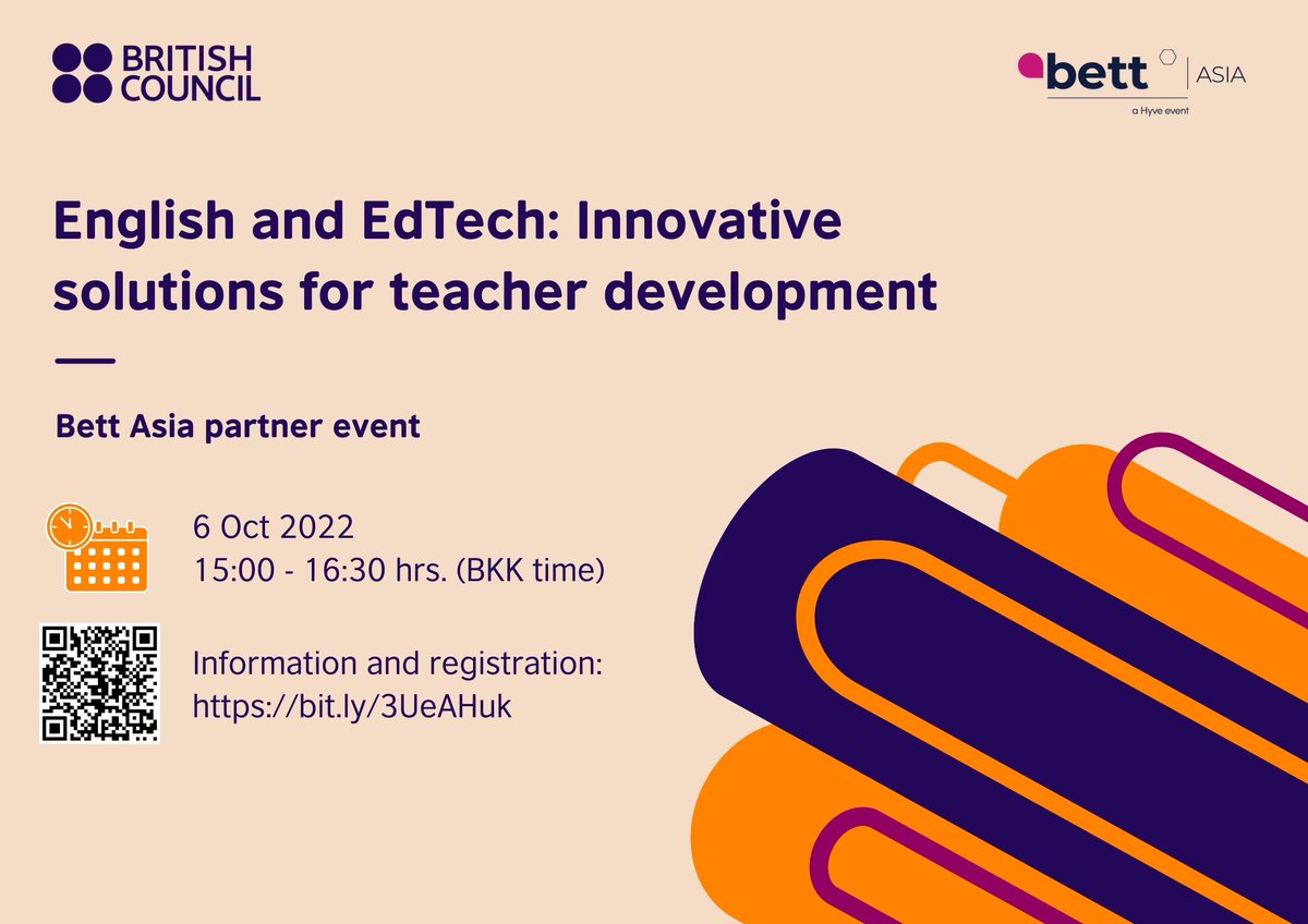 thBritish's tweet photo. Join our online webinar “English teaching and EdTech: Innovative solutions for teacher development” a Bett Asia partner event on 6 Oct 1500–1630 ICT for ASEAN research findings. Register: https://t.co/JNLl68kYvj
@BritishCouncil @Bett_show @BettGlobal @FCDOGovUK @BettAwards https://t.co/hnXzmI3ZGs