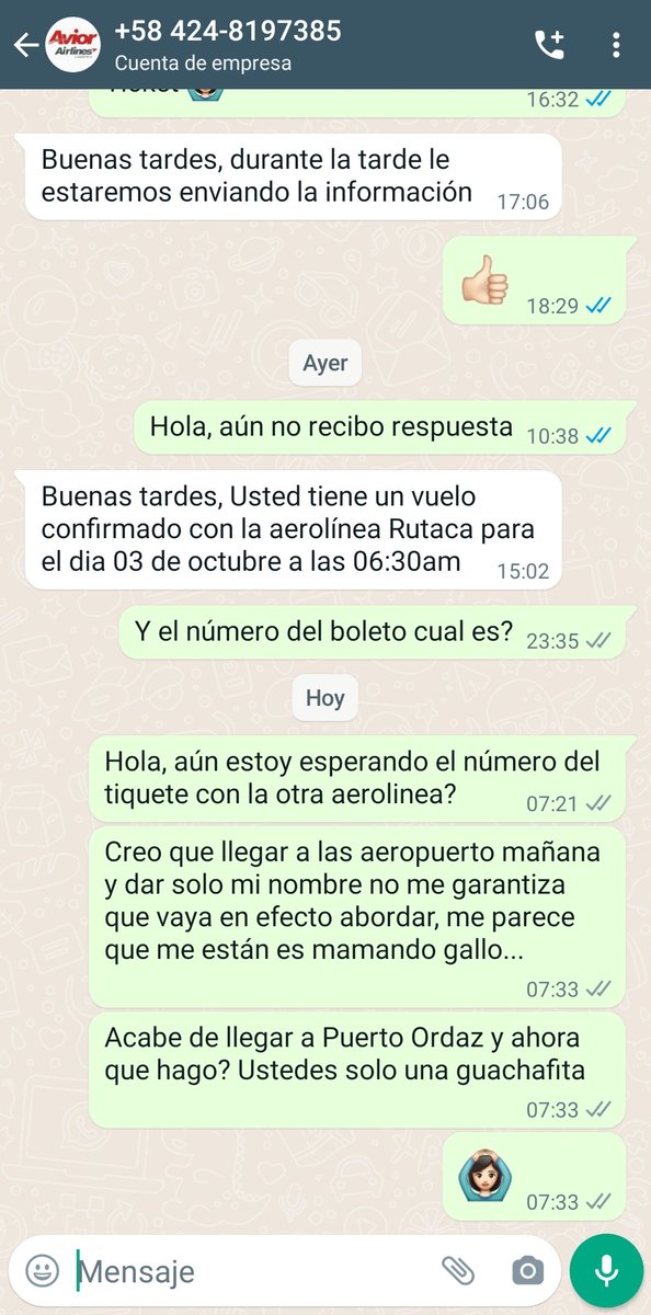 MaribellaSoy's tweet photo. @aviorairlines Vengo CANSADA de un viaje internacional, me cancelaron el vuelo nacional y la supuesta protección es con otra aerolínea, pero no me mandan el número del localizador, ni del tiquete... gente preciso continuar mi viajes, solucionen 🙆‍♀️ https://t.co/yH2HunYQlU