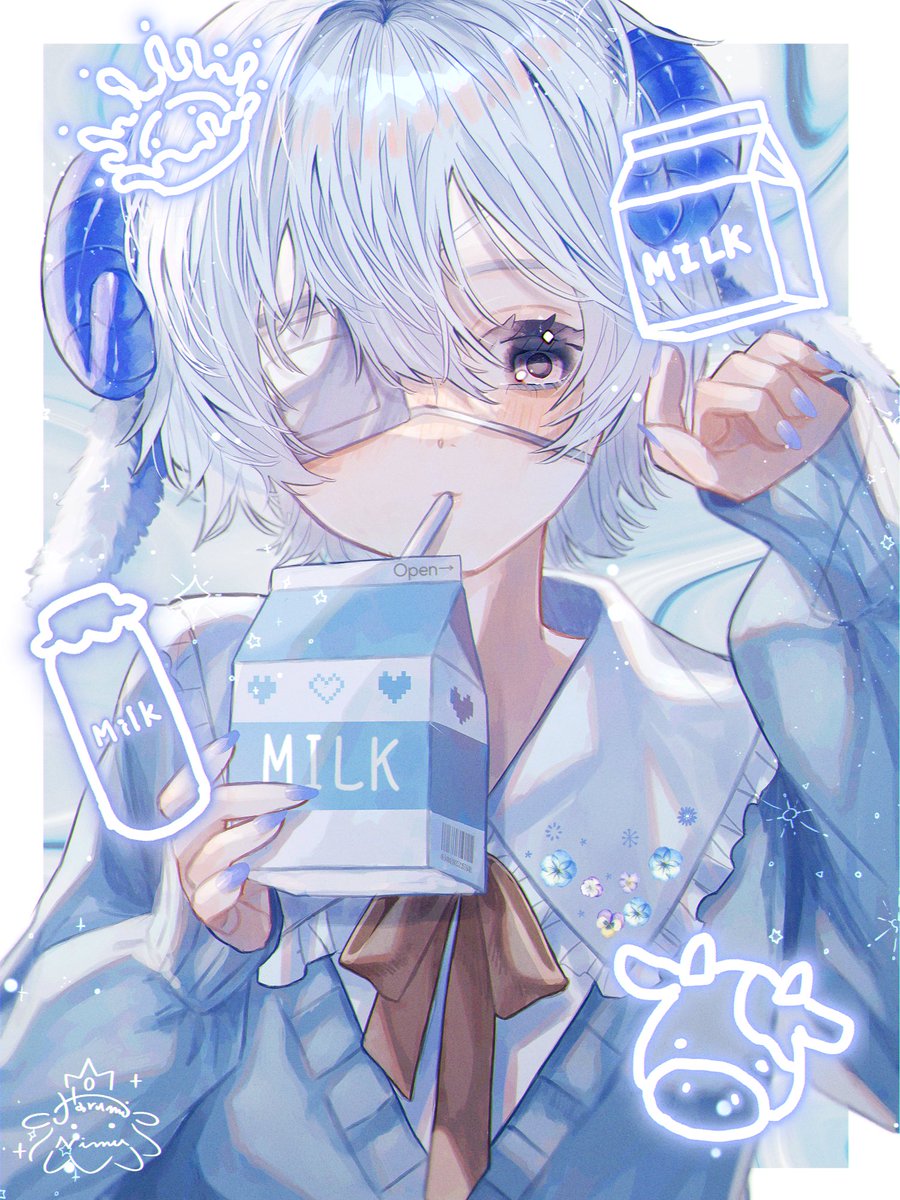 eyepatch horns sheep horns milk carton white hair short hair solo  illustration images