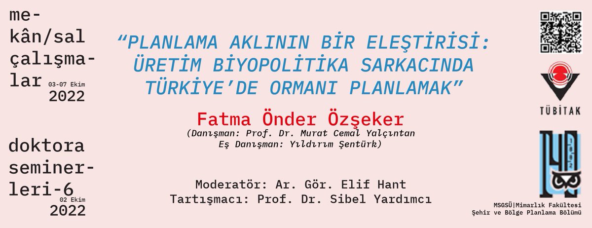 Şimdi yayında!

#doktoraseminerleri6
Dr. Fatma Önder Özşeker’in “Planlama Aklının Bir Eleştirisi: Üretim Biyopolitika Sarkacında Türkiye’de Ormanı Planlamak” başlıklı doktora tezini içeren semineri linkten izleyebilirsiniz:

youtube.com/watch?v=OwGsQJ…