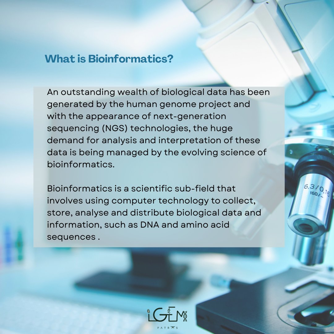 igem_patras's tweet photo. Bioinformatics is the science of both storing lots of complex biological data, and of analysing it to find new insights, which we use in many different ways.

If you want to learn more about the field of bioinformatics check out our post below!💥 https://t.co/lATkObvzb6