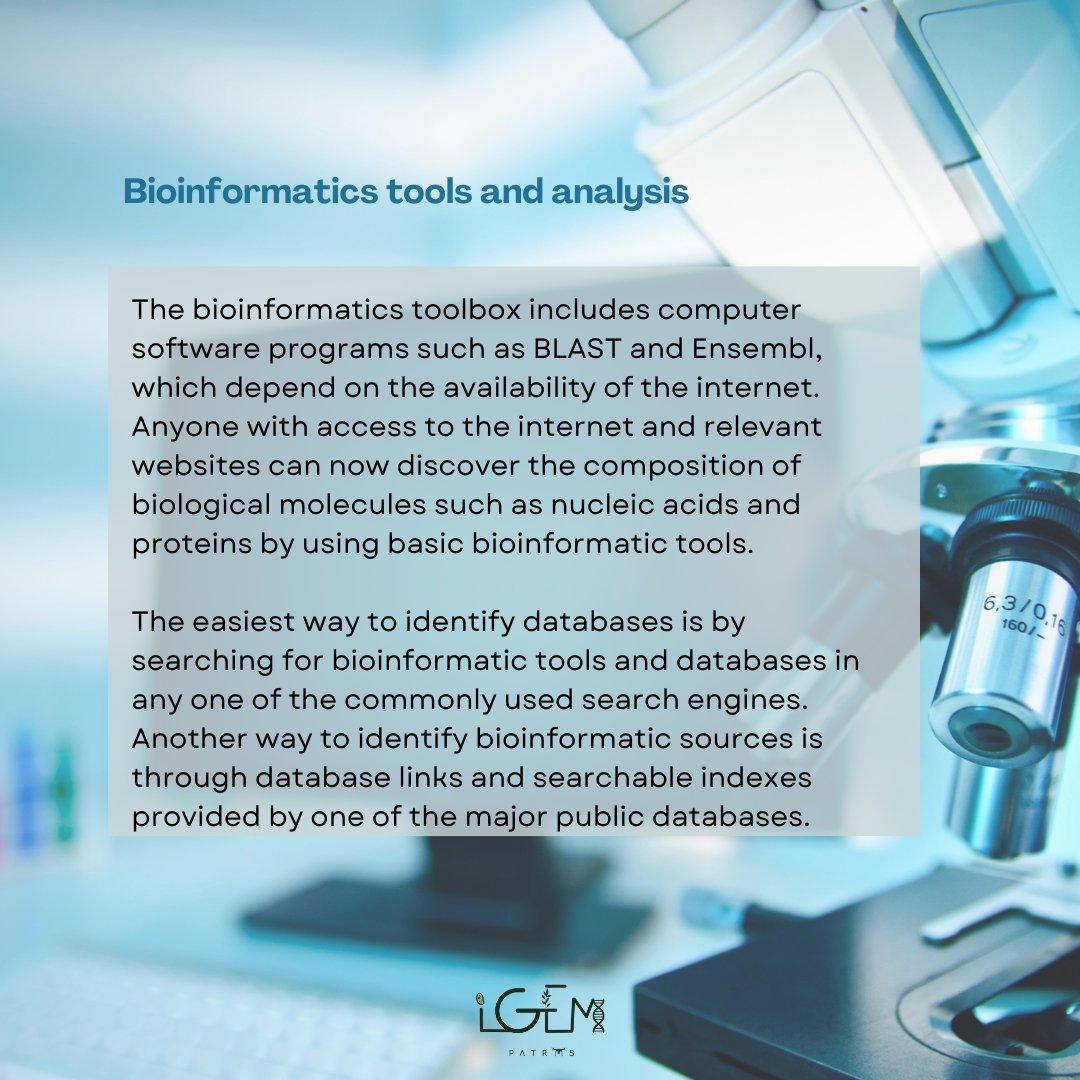 igem_patras's tweet photo. Bioinformatics is the science of both storing lots of complex biological data, and of analysing it to find new insights, which we use in many different ways.

If you want to learn more about the field of bioinformatics check out our post below!💥 https://t.co/lATkObvzb6
