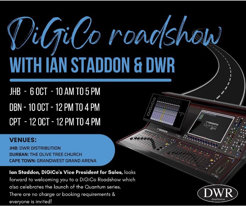 DiGiCo Roadshow in South Africa with DWR Distribution and DiGiCo’s Ian Staddon. We’d love to see you as we share our passion for audio. #DiGiCo #dwrdistribution #itsallaboutthepeople