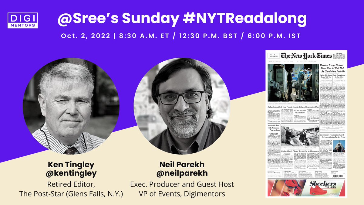 neilparekh's tweet photo. @kentingley @poststar @sree @digimentors @NYTimesPR @McFarlandCoPub @QuietEpidemic @CenterCoopMedia @cabara @BigGreenPen @muckrack @wordwhacker @SpinItSocial @Sulliview @MarkCMahoney99 @gillibrandny @kristenhare @Poynter @atompkins @DorisTruong @substack @StephenKokx @gregory @Schneider_Says @DianeStefani @tamcdonald @carolekingnyc @Sunny_Slaughter @SFDoug @WalterDGreason @DrSujanaENT @DianaRohini @phaldipur @lipiroy @streamyardapp @roopaonline @fuzheado @RajniKMenon @IamJennyLazarus @RoseHorowitz31 @mateoxgomez @newyorkbob @zachprague @nytimes @TomJolly 14/x @Sree's Sunday #NYTReadalong will be live at 8:30am ET. Our guest is @KenTingley, retired editor of the @poststar. We'll talk about his latest book, "The Last American Newspaper," #LymeDisease, #AaronJudge and more.

Links to watch live (or later): 
https://t.co/d4cWVBIikg https://t.co/RaydsKcTvS
