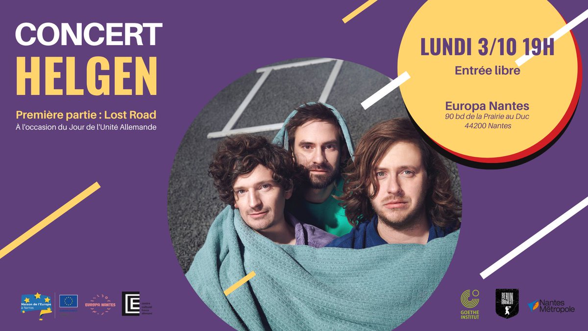 [Concert] Ce lundi 3 octobre à Europa Nantes : 19h LOST ROAD / #Nantes, 20h15 : Helgen / #Hamburg. 😄 Soirée libre et gratuite, venez nombreux ! Organisation : CCFA+<a href="/MaisondelEurope/">Maison de l'Europe - Europa Nantes - EUROPE DIRECT</a>, soutien : <a href="/NantesMetropole/">Nantes Métropole</a>, @GI_Paris, Berlin 1989