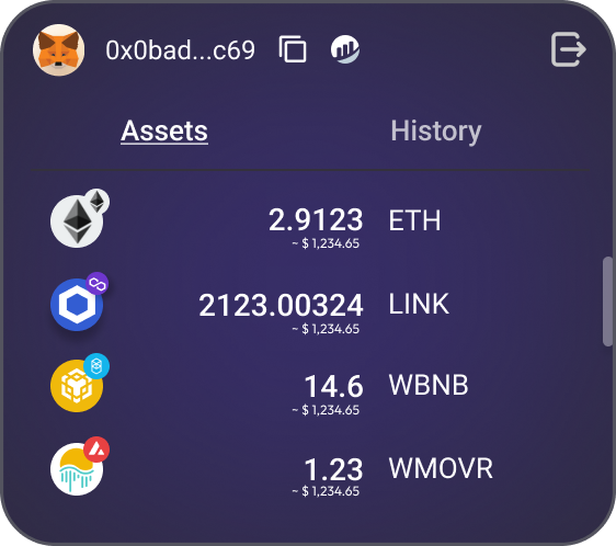 therealswidge's tweet photo. Pic 1. Our current feature of showing you the wallet balances when you select a token from our network &amp; token selector menu is built with the @DeBankCloud  API. 

Pic 2. Our soon to be release feature, a "mini dashboard" also works with this data.
Building DeFi with @DeBankDeFi https://t.co/D72msXiUu9