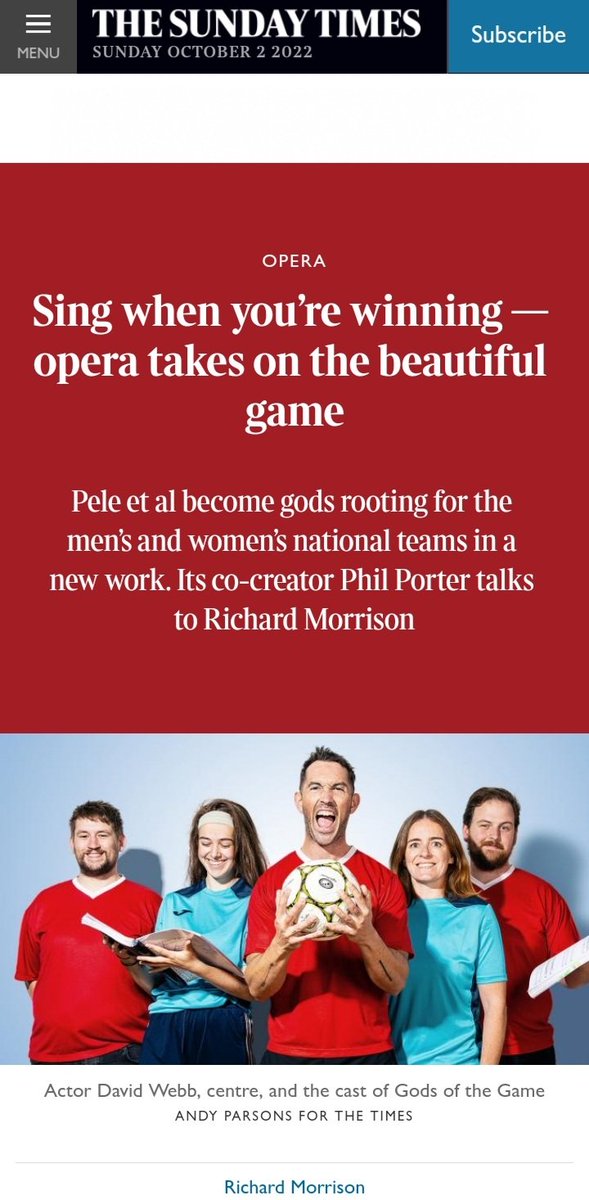 A cameo appearance in the Times for Grange Park Opera's 'Gods of the Game'. They seem to have captured me doing my best Roger Moore eyebrow acting! 😂 Shows run from 6th-16th October! 🎶⚽️

#grangeparkopera #godsofthegame #gpo #footballopera #opera