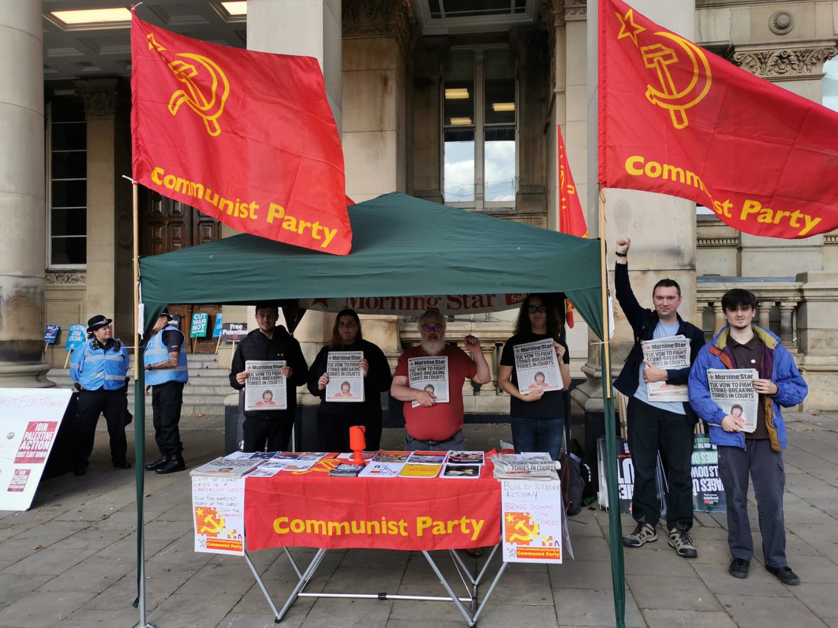 MidlandsCPB's tweet photo. The Communist Party members are ready at Tory conference demo in Birmingham. Pop by and say hello and get a free copy of the Morning Star! https://t.co/EFcSwMkOER
