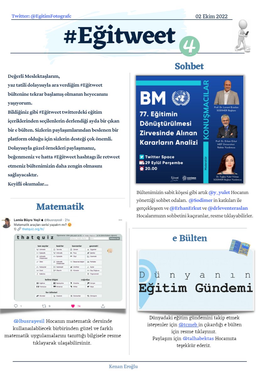 #Eğitweet in 4.sayısı yine eğitimcilerin birbirinden güzel paylaşımları ile sizlerle.

PDF için tıklayınız👇
l.fobizz.com/kenaneroglu
Teşekkürler👏

@y_yulet @EgitimFotografc @PratikDunya @lbusrayesil @talhabektas @Sodimer @drleventeraslan @ErhanErkut @tcmeb
@niyaziaksoy_